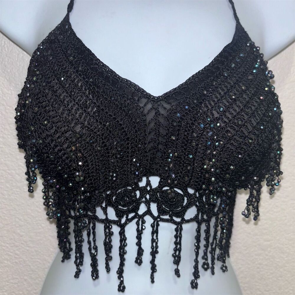 Black Crochet Beaded Fringe Halter Crop Top Handmade Open Back One Size